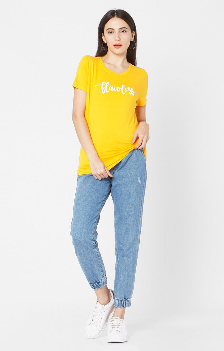 Spykar Women Yellow Cotton Slim Fit Round Neck T-Shirt