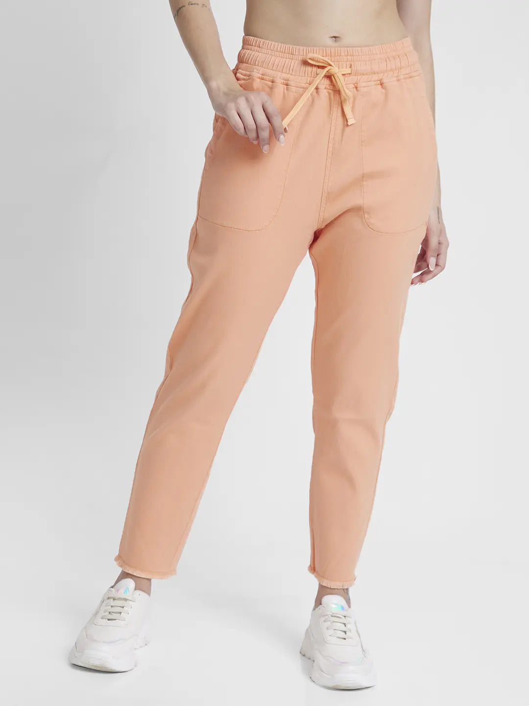 Spykar Women Peach Blended Tapered Fit Ankle Length Trackpant