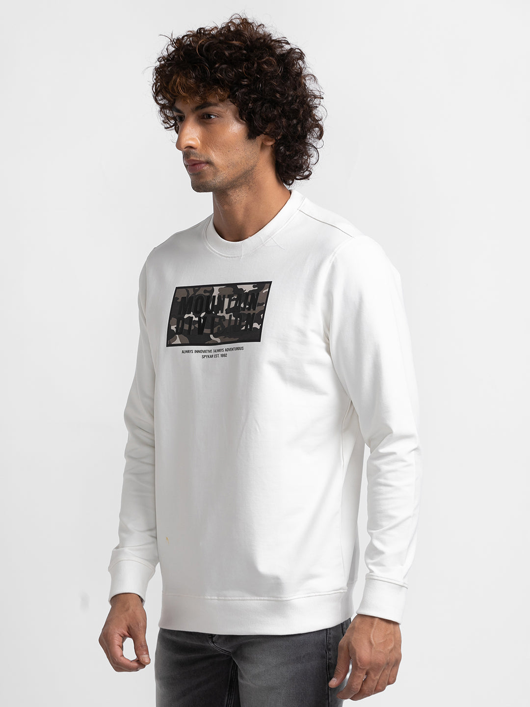 Spykar Ecru Cotton Full Sleeve Round Neck Sweatshirt For Men