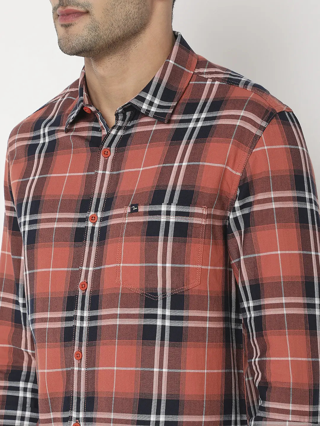 Spykar Men Coral Cotton Slim Fit Checkered Shirt