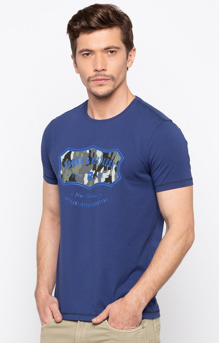 Spykar Royal Blue Printed Slim Fit Men T-Shirts