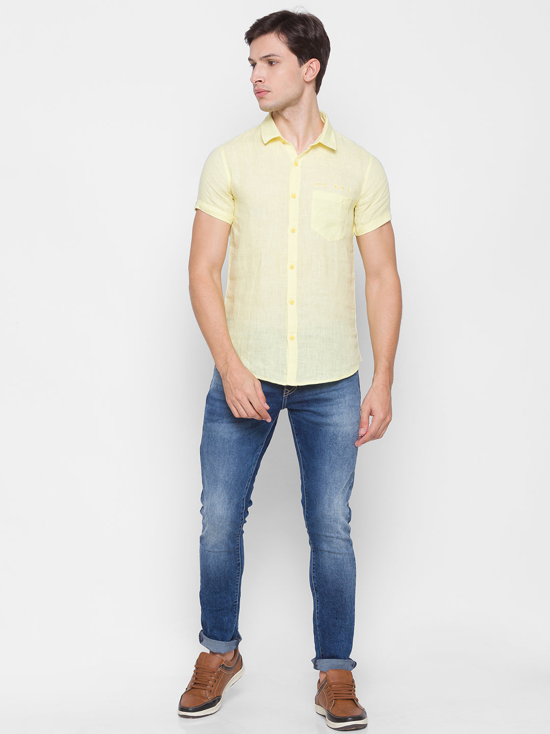 Spykar Slim Fit Yellow Cotton Men Shirt