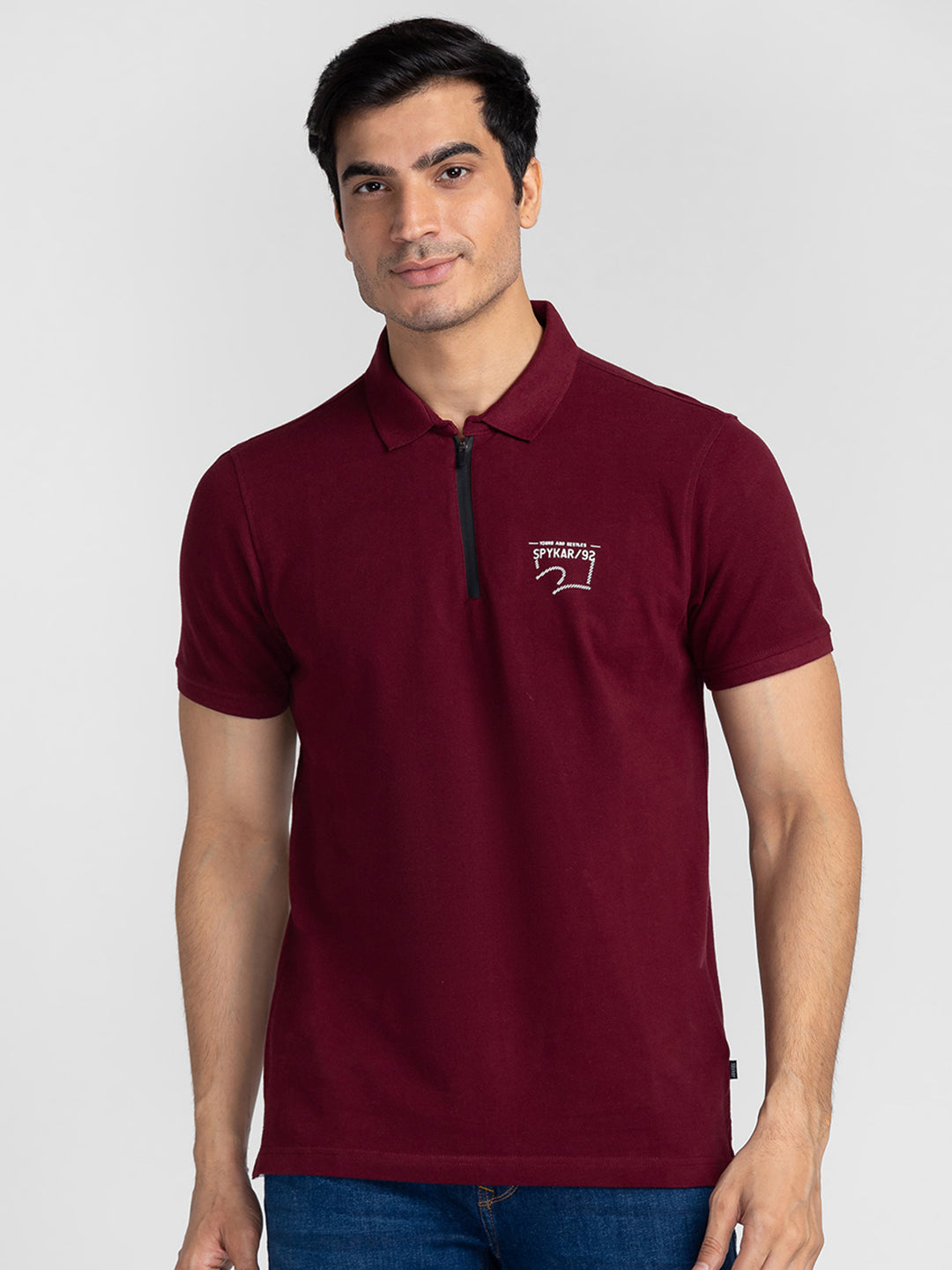 Spykar Men Wine Cotton Slim Fit Polo Printed T-Shirt