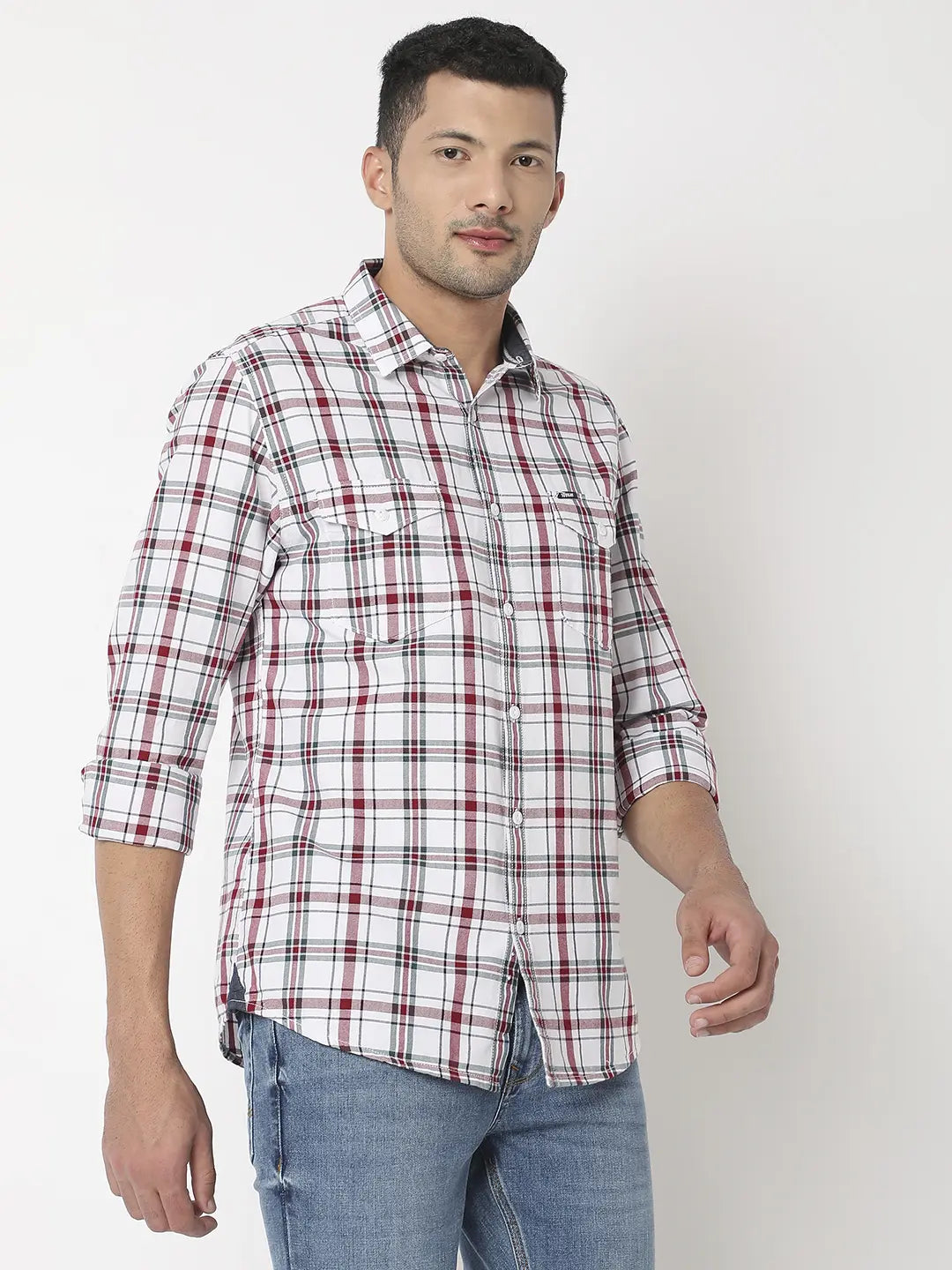 Spykar Men Beige & Wine Red Cotton Slim Fit Checkered Shirt