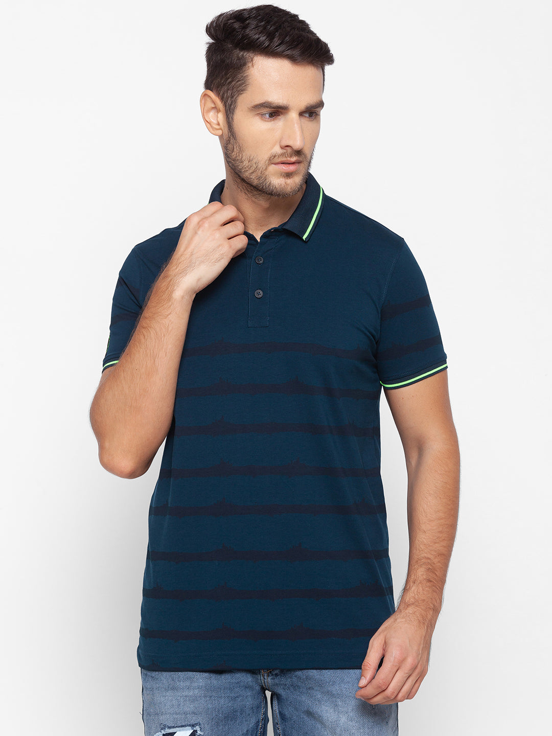 Spykar Men Blue Cotton Slim Fit Polo T-Shirt