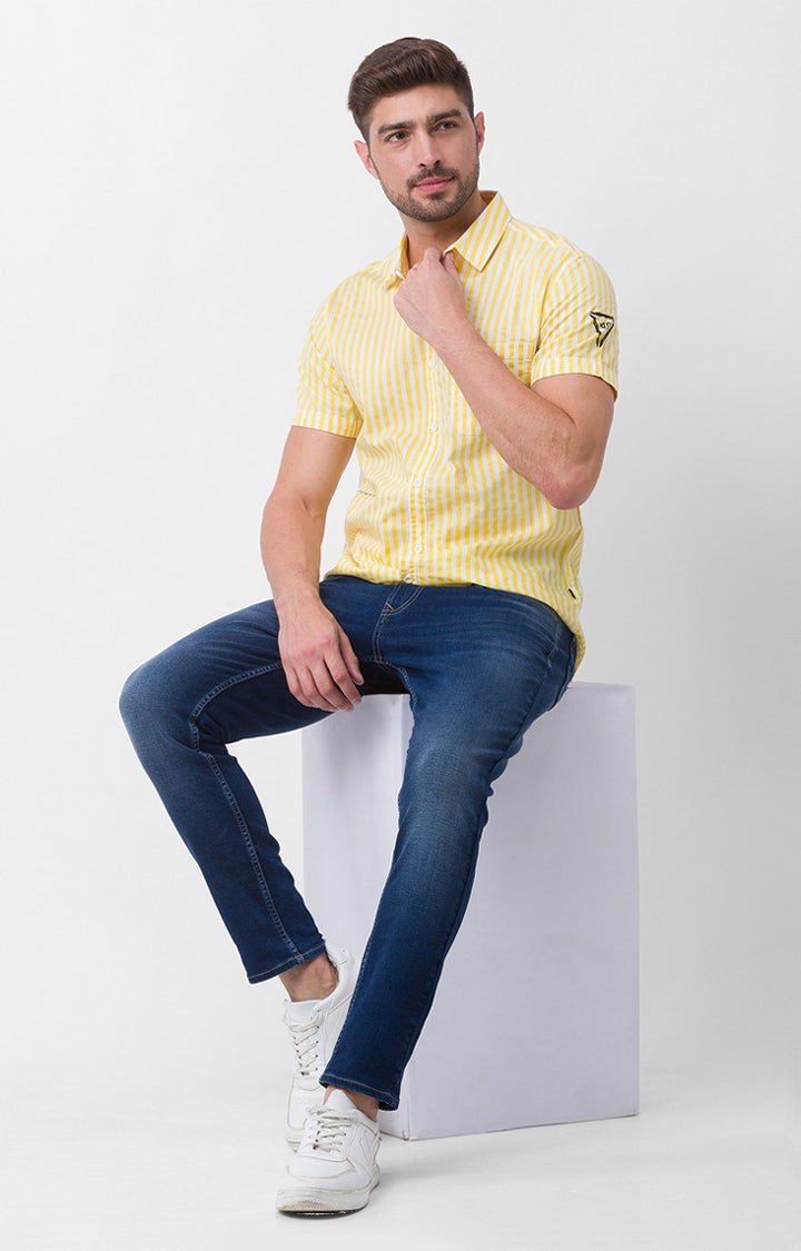 Spykar Butter Yellow Cotton Half Sleeve Stripes Shirt For Men