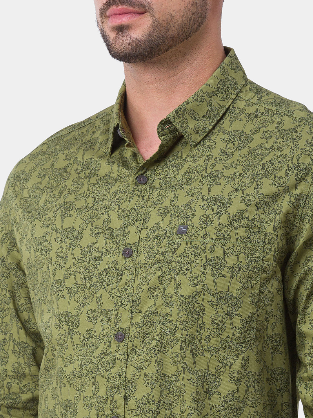 Spykar Moss Green Cotton Full Sleeve Printed Shirt For Men