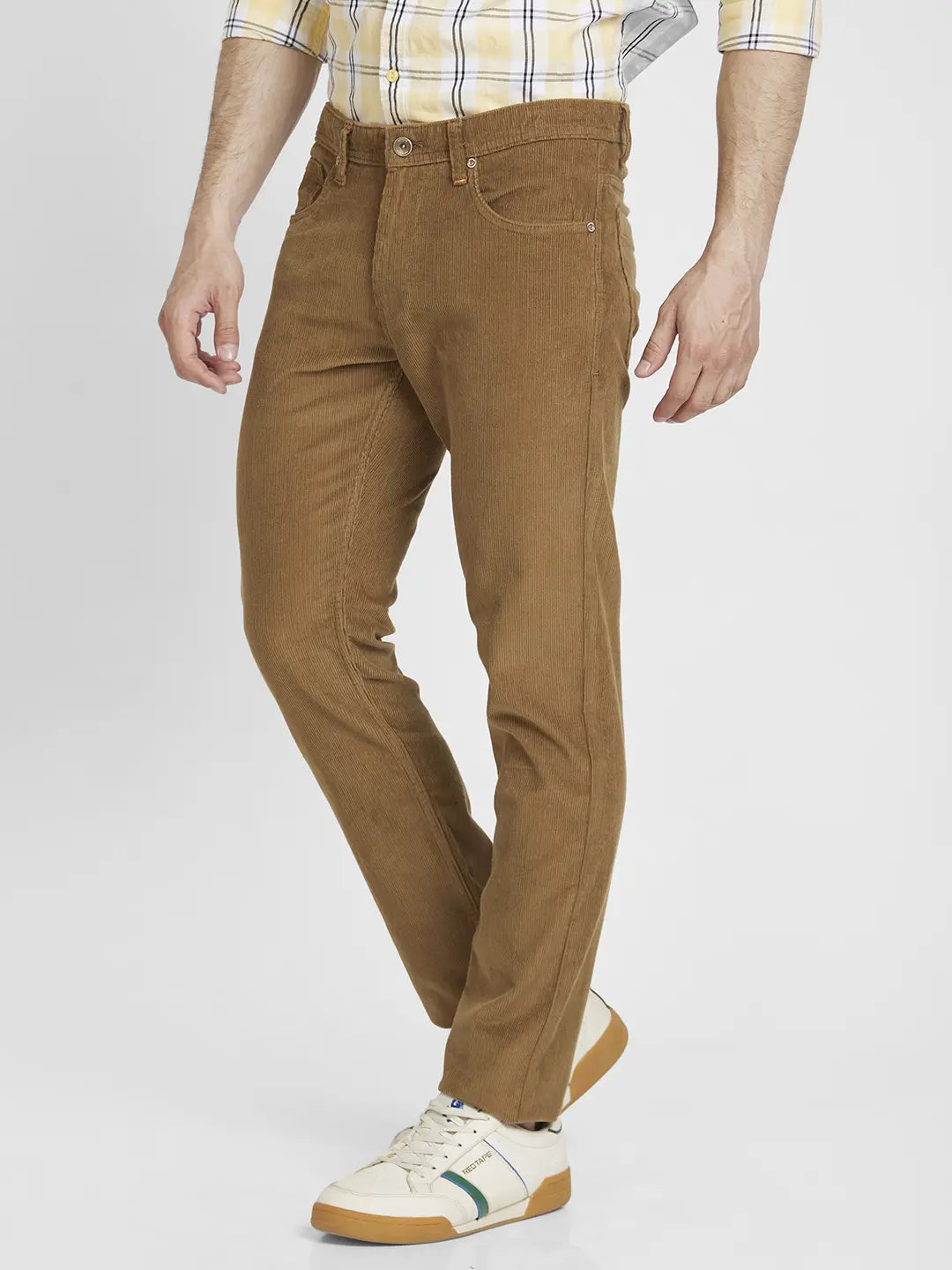 Spykar Men Khaki Cotton Slim Fit Mid Rise Trousers