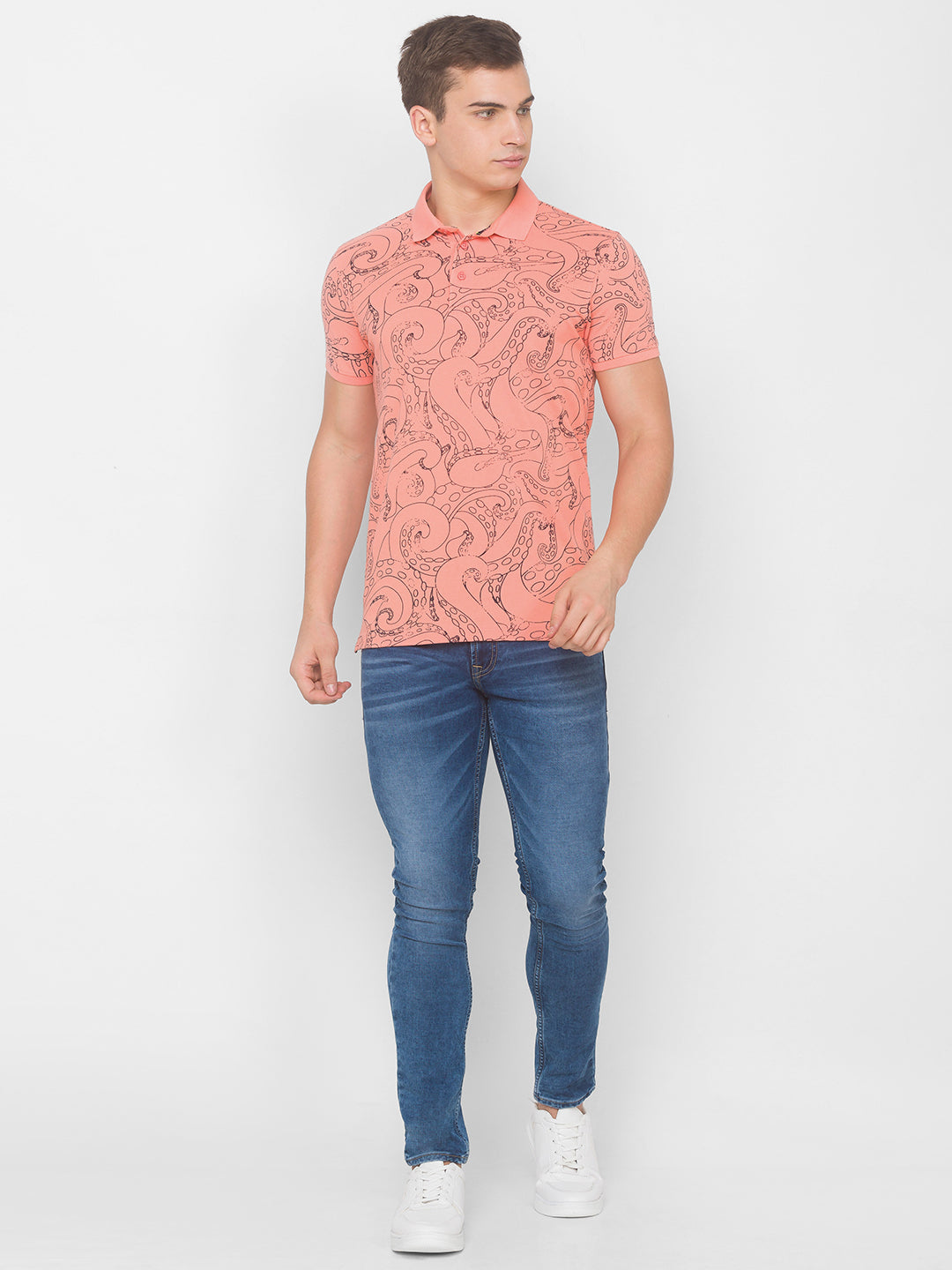 Spykar Men Pink Cotton Slim Fit Round Neck T-Shirt