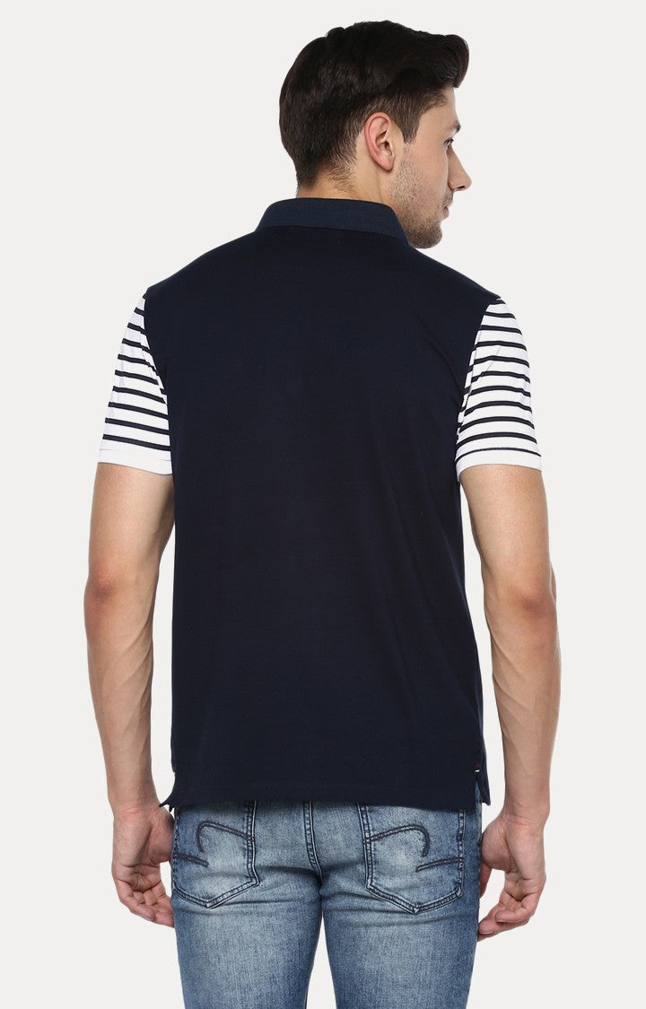 Spykar Navy Blue Solid Slim Fit Polo T-Shirt