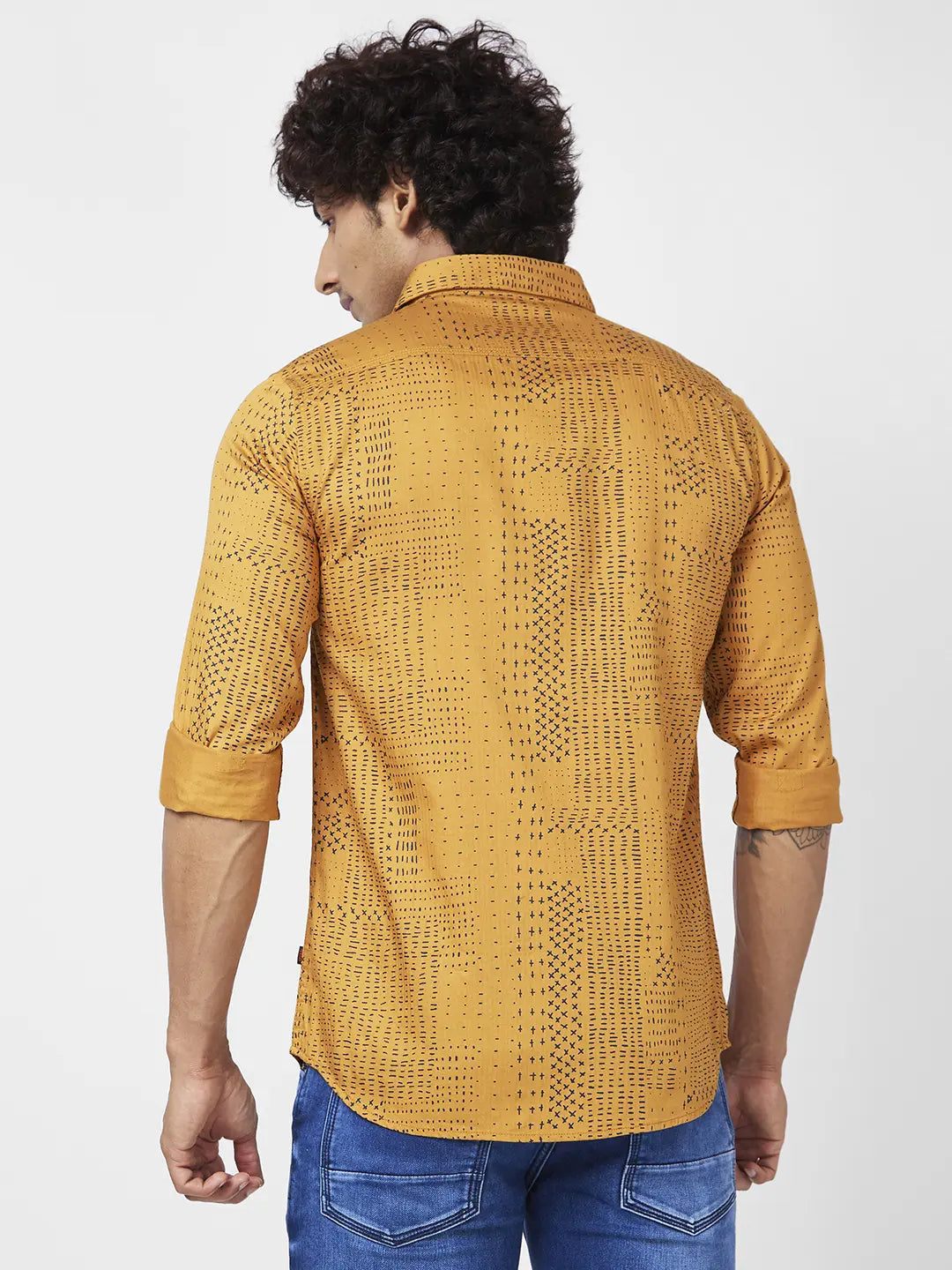 Spykar Men Dark Mustard Yellow Cotton Regular Slim Fit Full Sleeve Causal Printed Shirt