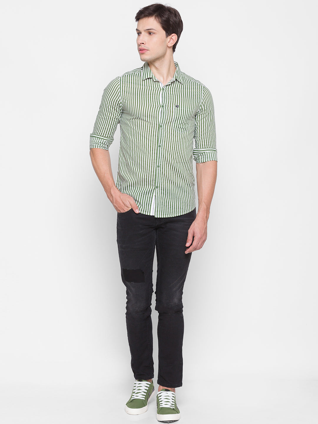 Spykar Slim Fit Green Cotton Men Shirt