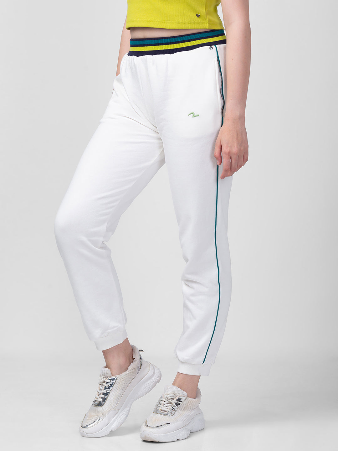 Spykar Women Off-White Cotton Regular Fit Joggers Trackpants