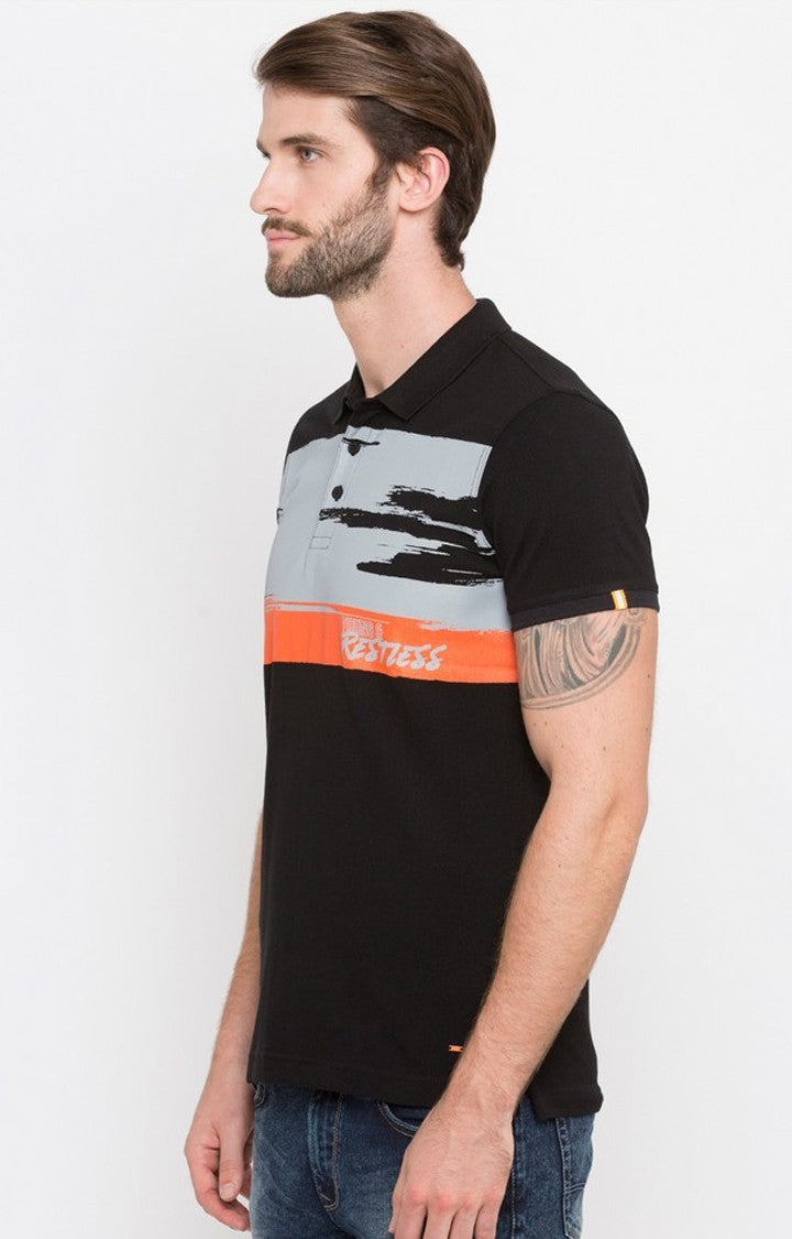 Spykar Black Printed Slim Fit Polo T-Shirt