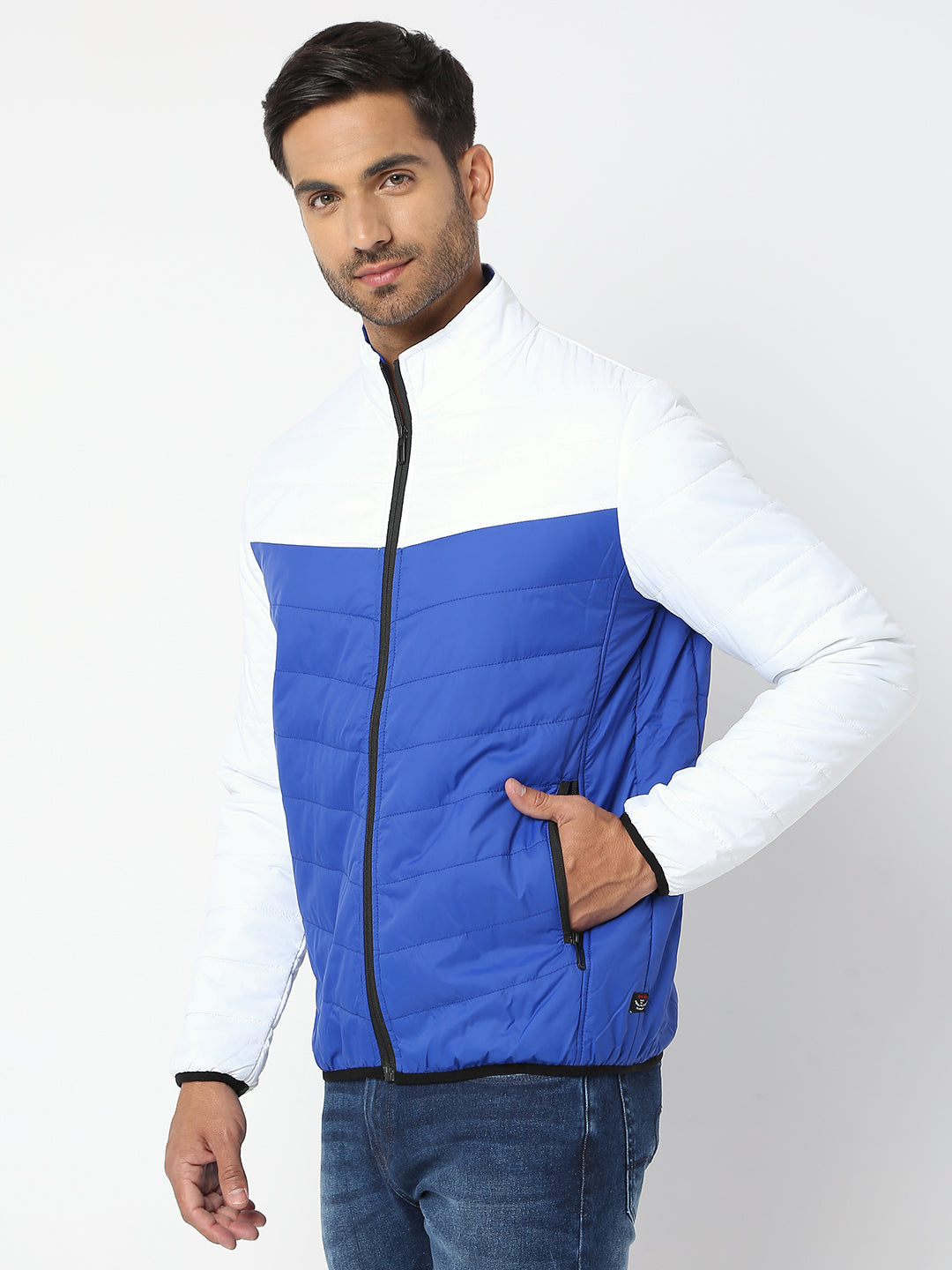 Spykar Men White & Royal Blue Nylon Regular Fit Jacket