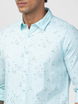 Spykar Men Bleached Aqua Cotton Slim Fit Printed Shirt