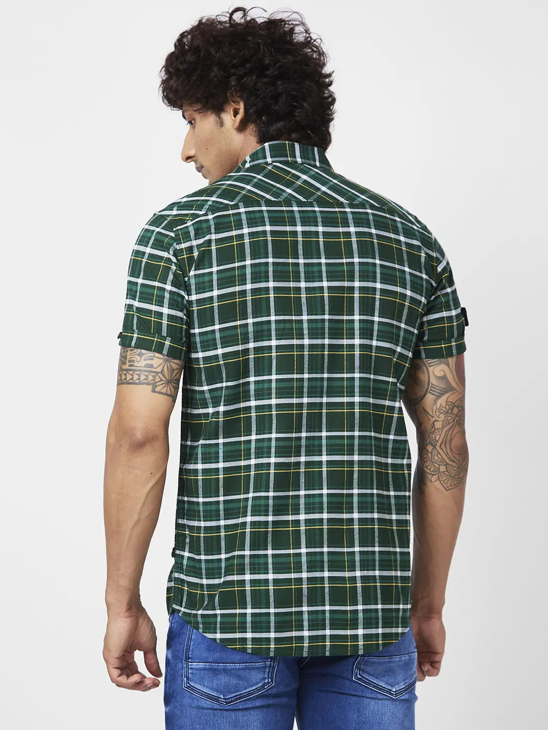 Spykar Men Dark Green Cotton Regular Slim Fit Half Sleeve Casual Checkered Shirt