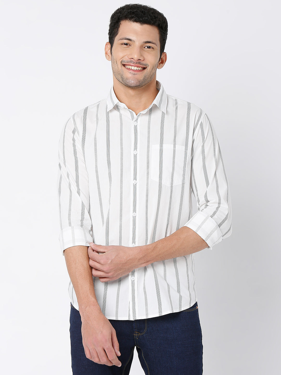 Spykar Men White Cotton Full Sleeve Stripes Shirt