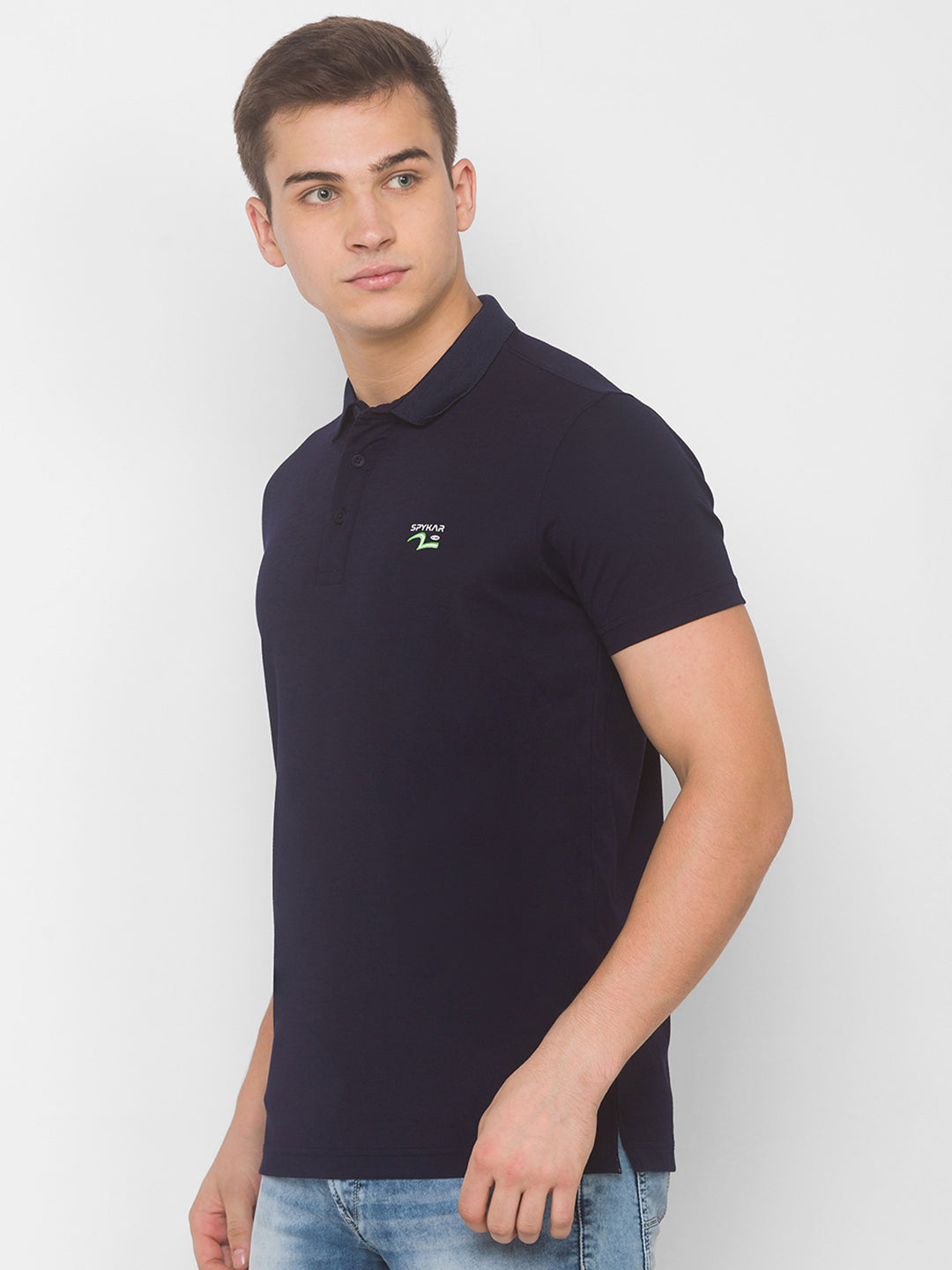 Spykar Men Blue Cotton Blend Slim Fit Polo T-Shirt