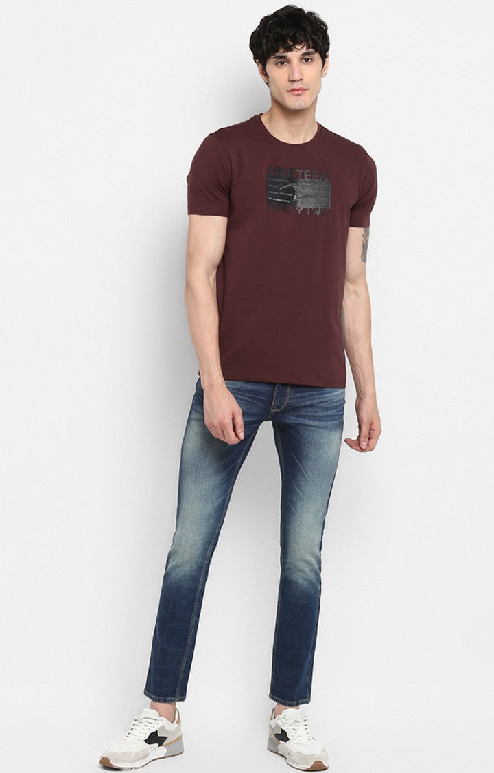 Spykar Wine Printed Slim Fit Men T-Shirts