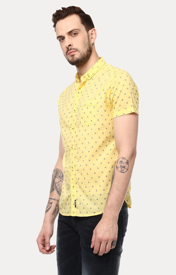 Spykar Men'S Yellow Cotton Printed Casual Shirts