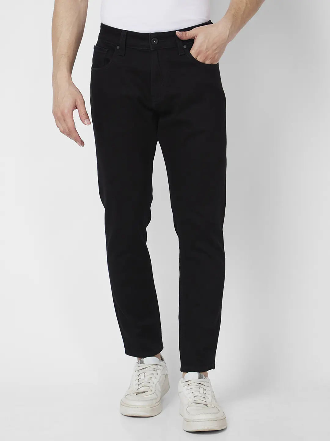 Buy Men Black Cotton Slim Fit Tapered Length Mid Rise Jeans