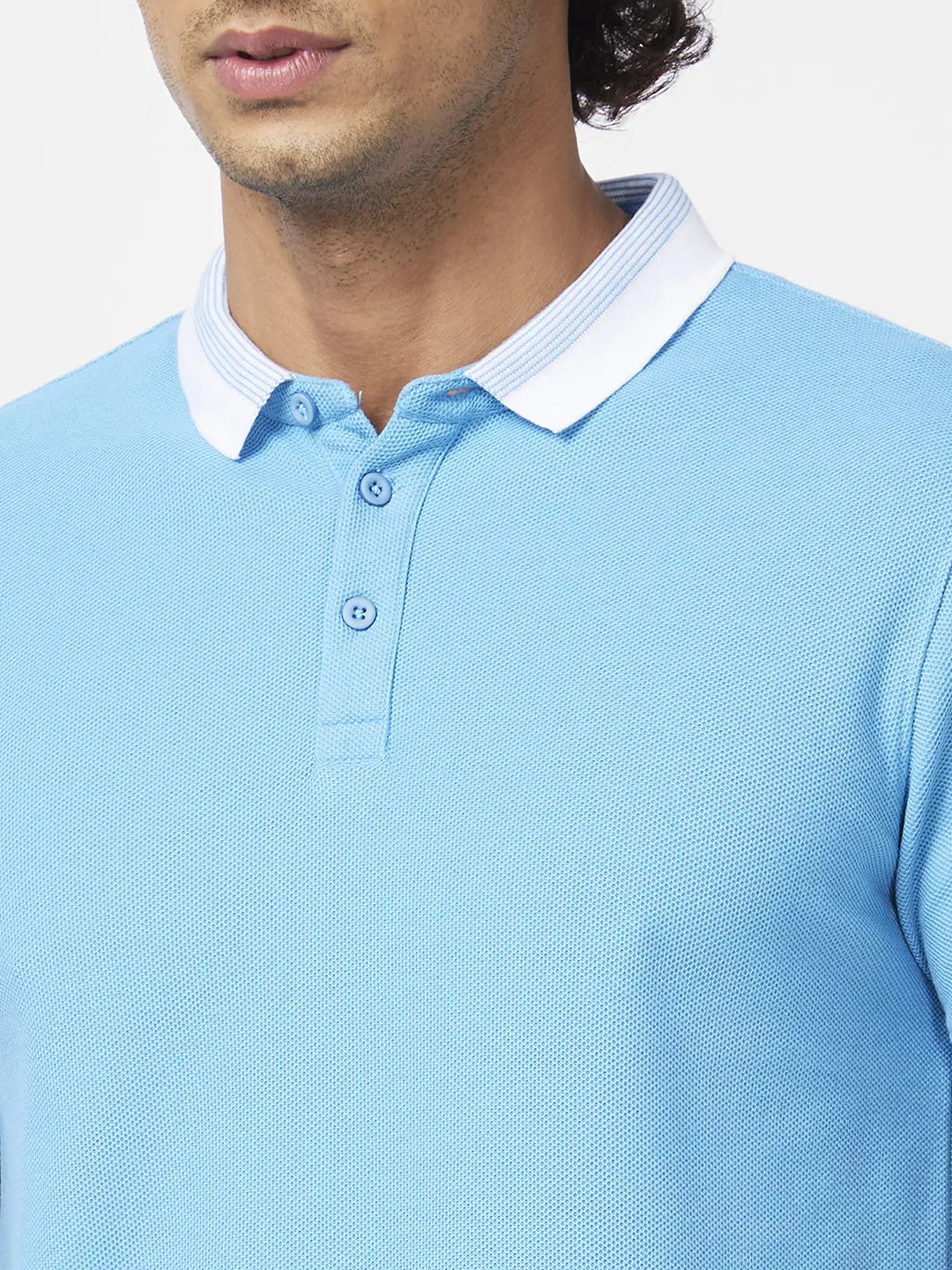 Spykar Men Haze Blue Blended Slim Fit Half Sleeve Polo Neck Plain Tshirt
