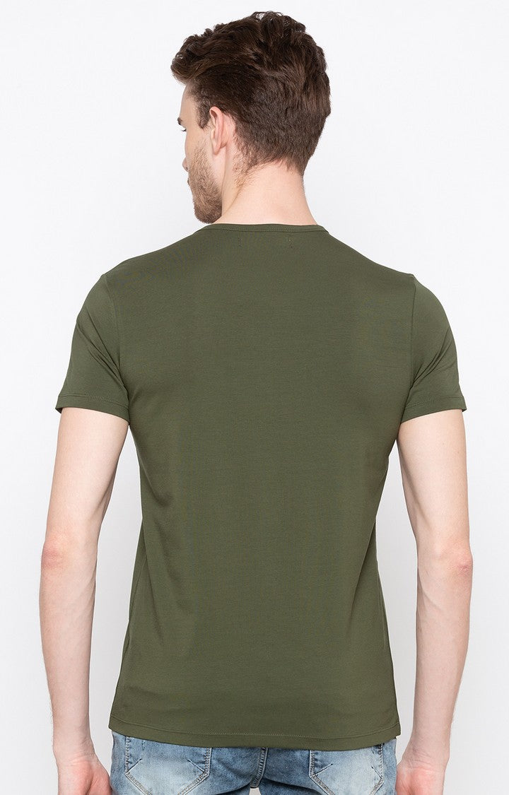 Spykar Dark Olive Solid Slim Fit Men T-Shirts