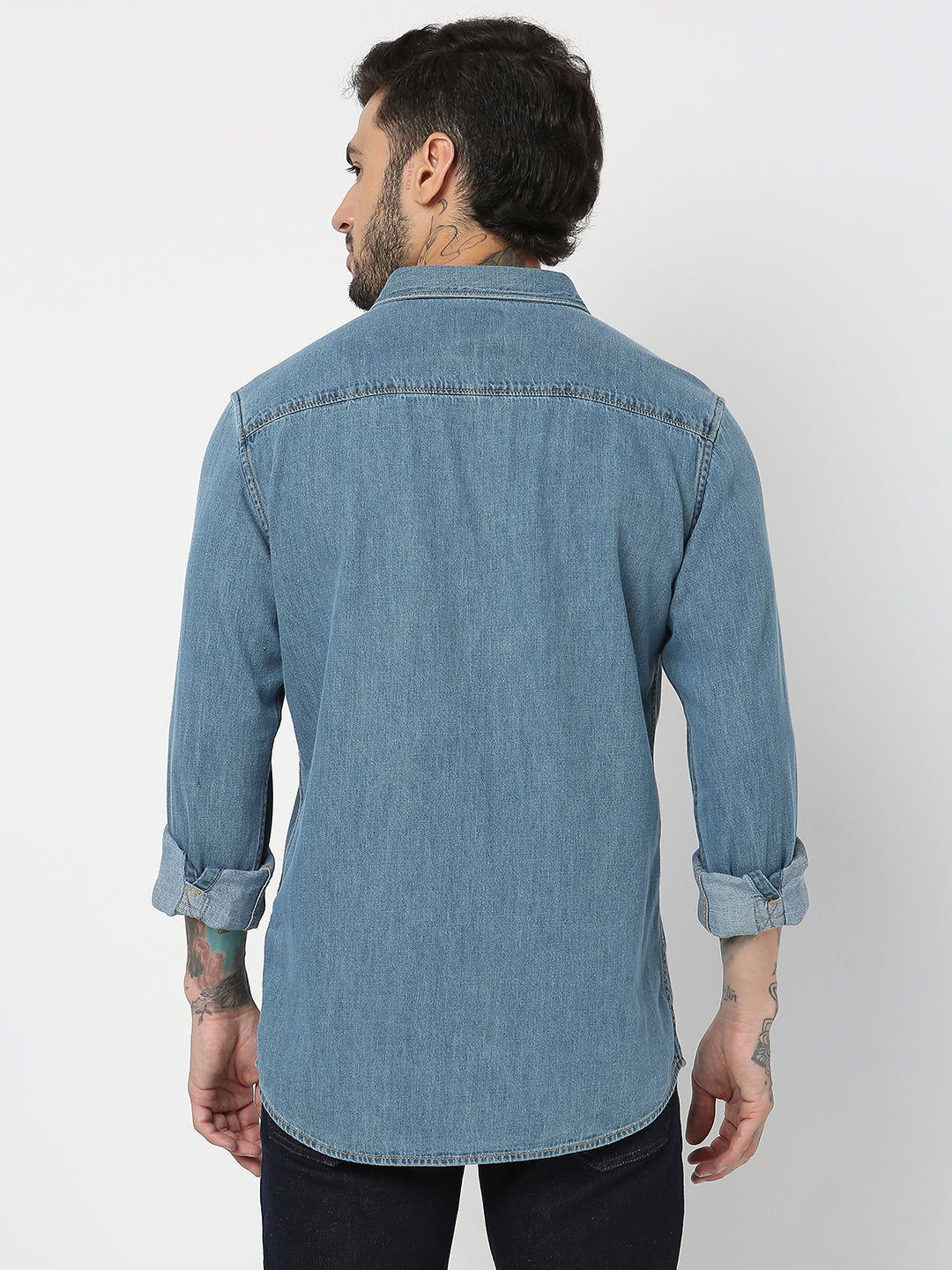 Spykar Men Mid Blue Cotton Slim Fit Denim Shirts