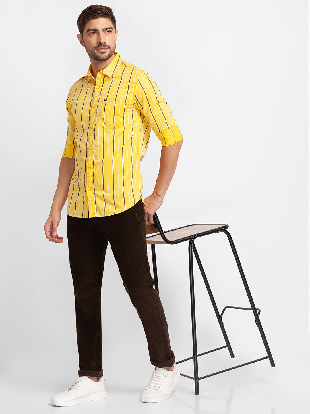 Spykar Yellow Cotton Full Sleeve Stripes Shirt For Men