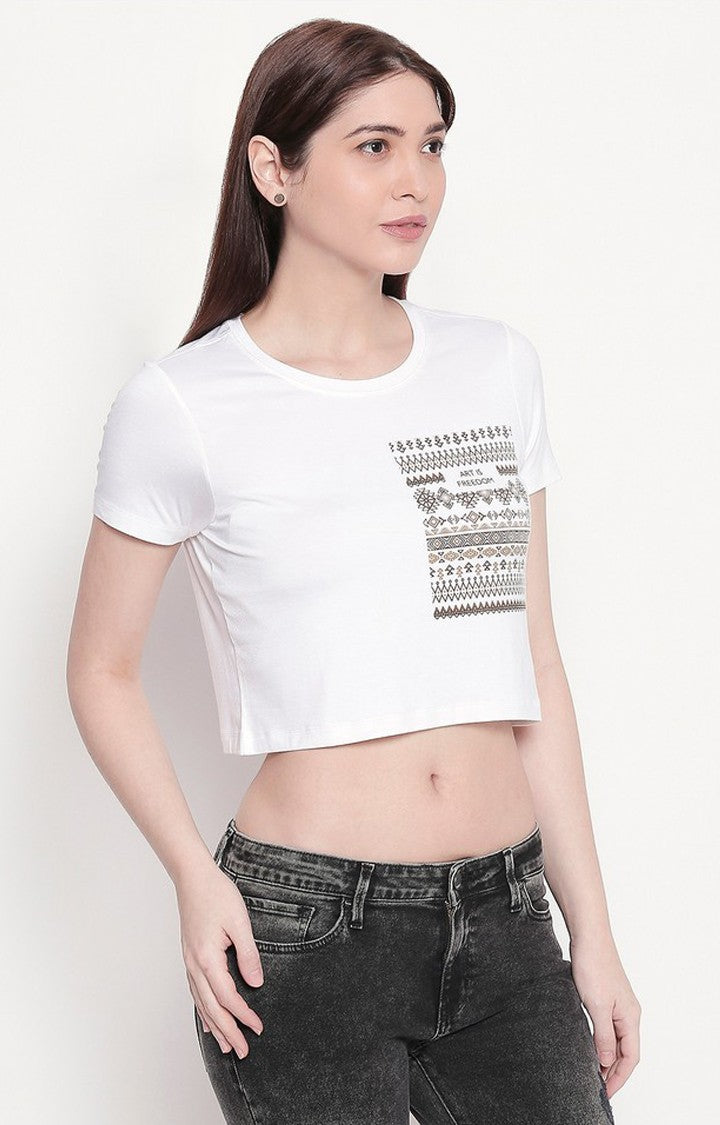 Spykar Women White Viscose Slim Fit Round Neck Crop T-Shirt