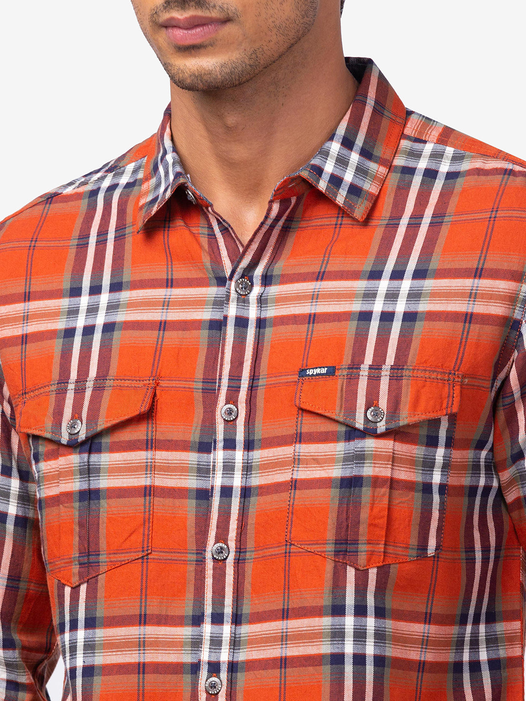 Spykar Men Rust Cotton Regular Fit Checkered Shirts