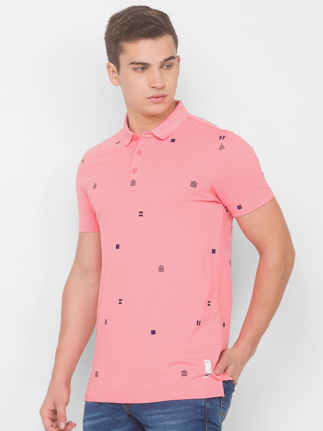 Spykar Men Pink Cotton Slim Fit Polo T-Shirt