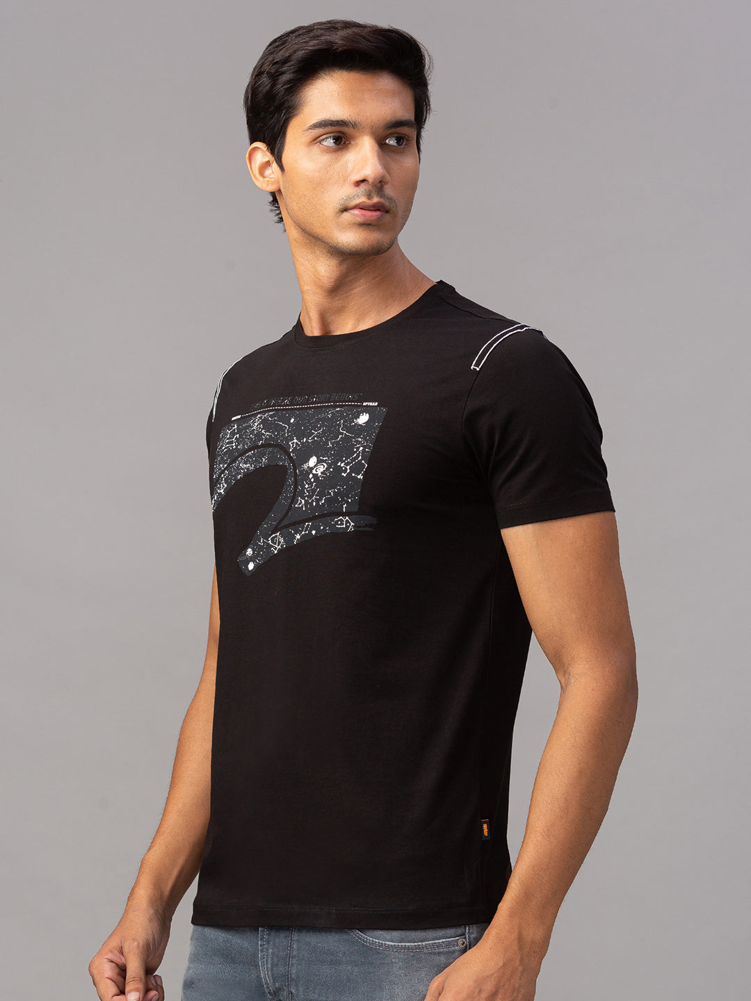 Spykar Men Black Cotton Slim Fit Round Neck T-Shirt