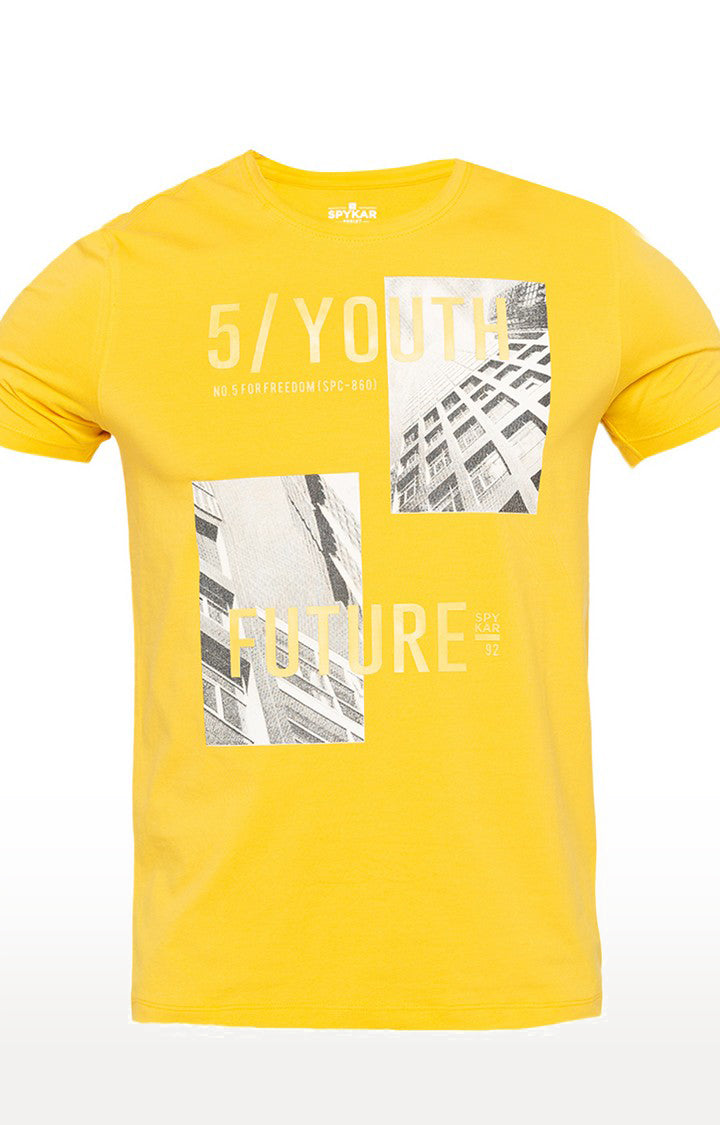 Spykar Yellow Printed Slim Fit Men T-Shirts