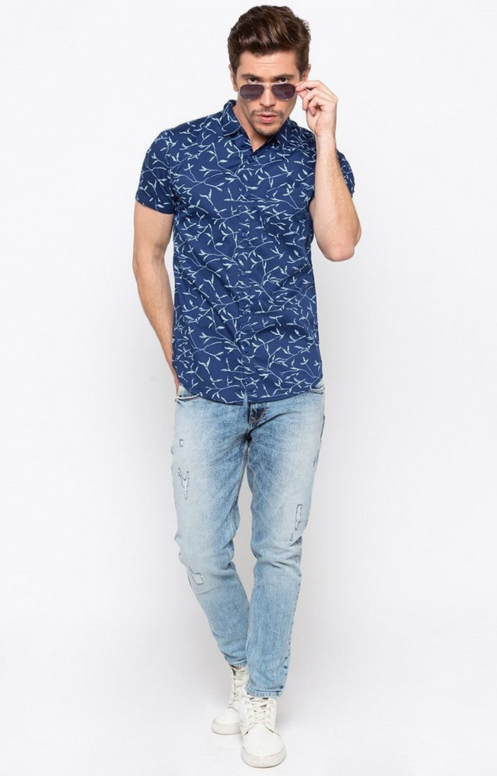 Spykar Men'S Blue Cotton Printed Casual Shirts