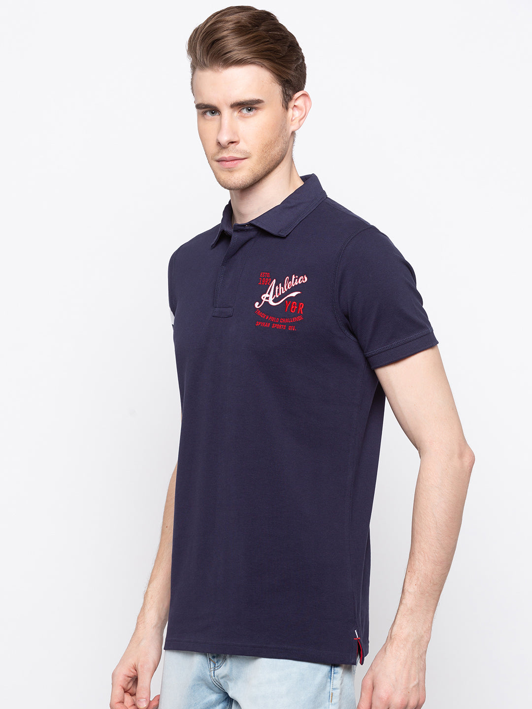 Spykar Men Blue Cotton Slim Fit Polo T-Shirt