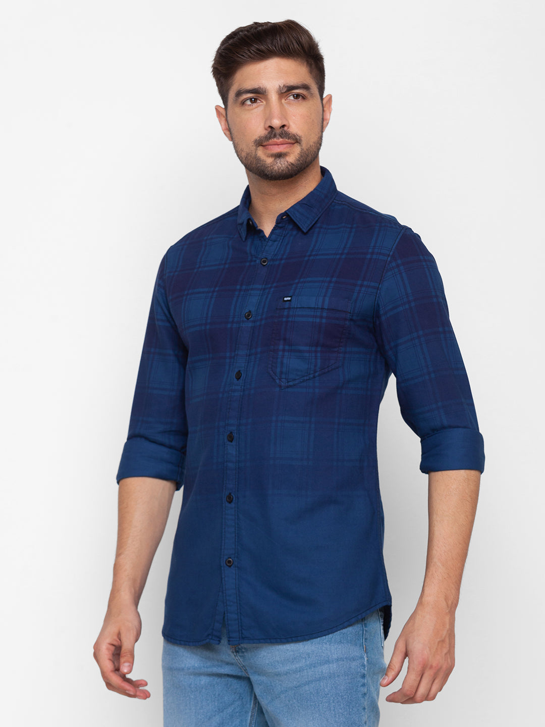 Spykar Cobal Light Blue Cotton Full Sleeve Checks Shirt For Men
