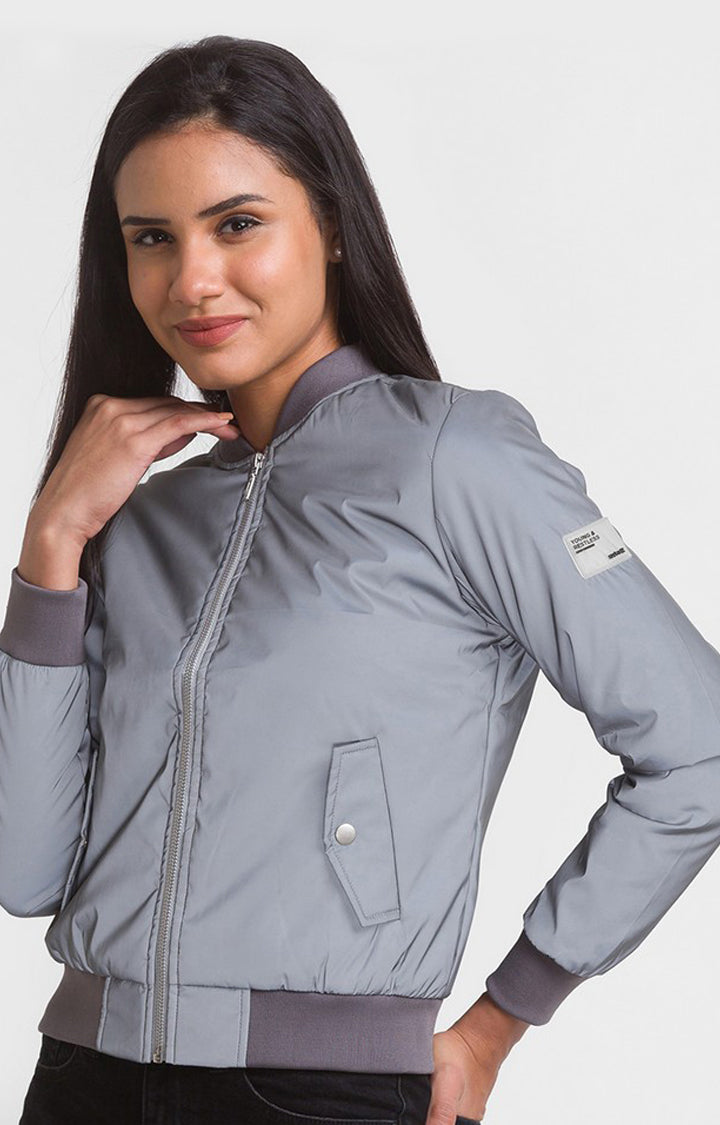Spykar Silver Nylon Full Sleeve Casual Jacket For Women