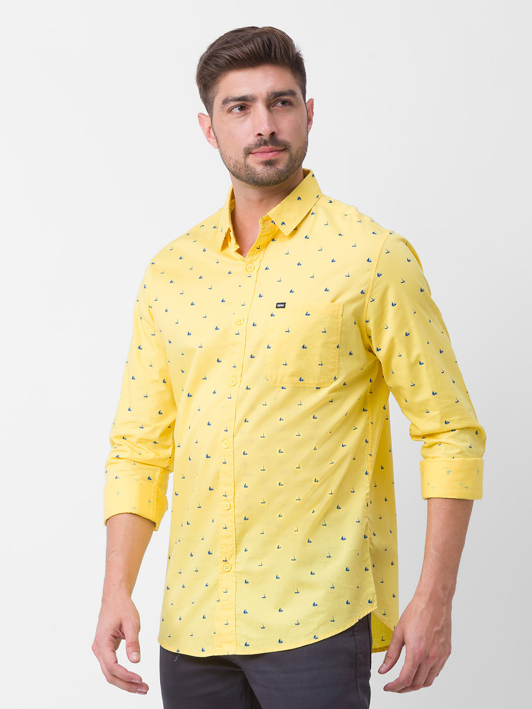 Spykar Yellow Cotton Full Sleeve Printed Shirt For Men