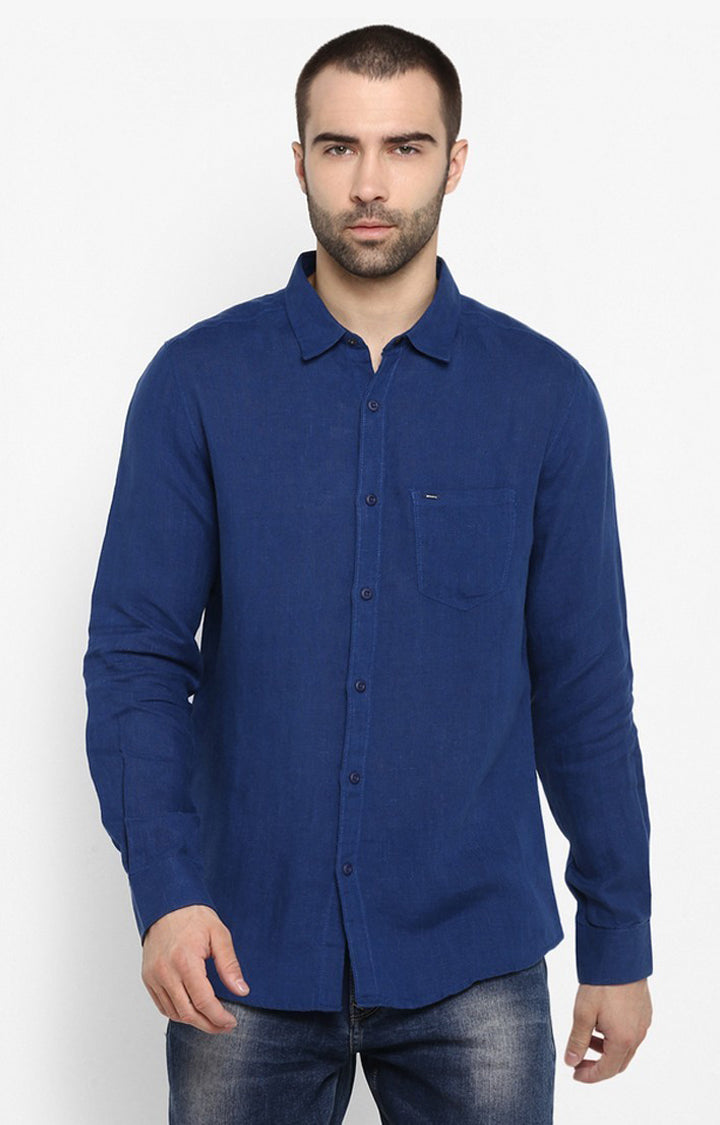 Spykar Men'S Blue Linen Solid Casual Shirts