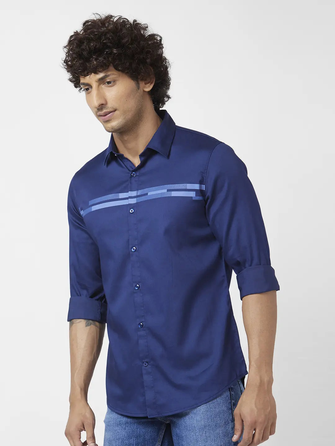 Spykar Men Navy Blue Dyed Regular Slim Fit Full Sleeve Printed Shirt