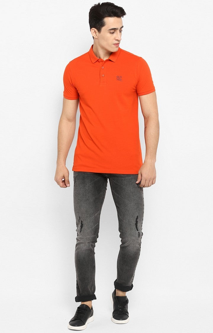 Spykar Orange Solid Slim Fit Polo T-Shirt