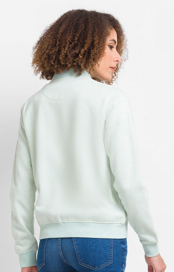 Spykar Sea Green Cotton Blend Full Sleeve High Neck Sweatshirts For Women