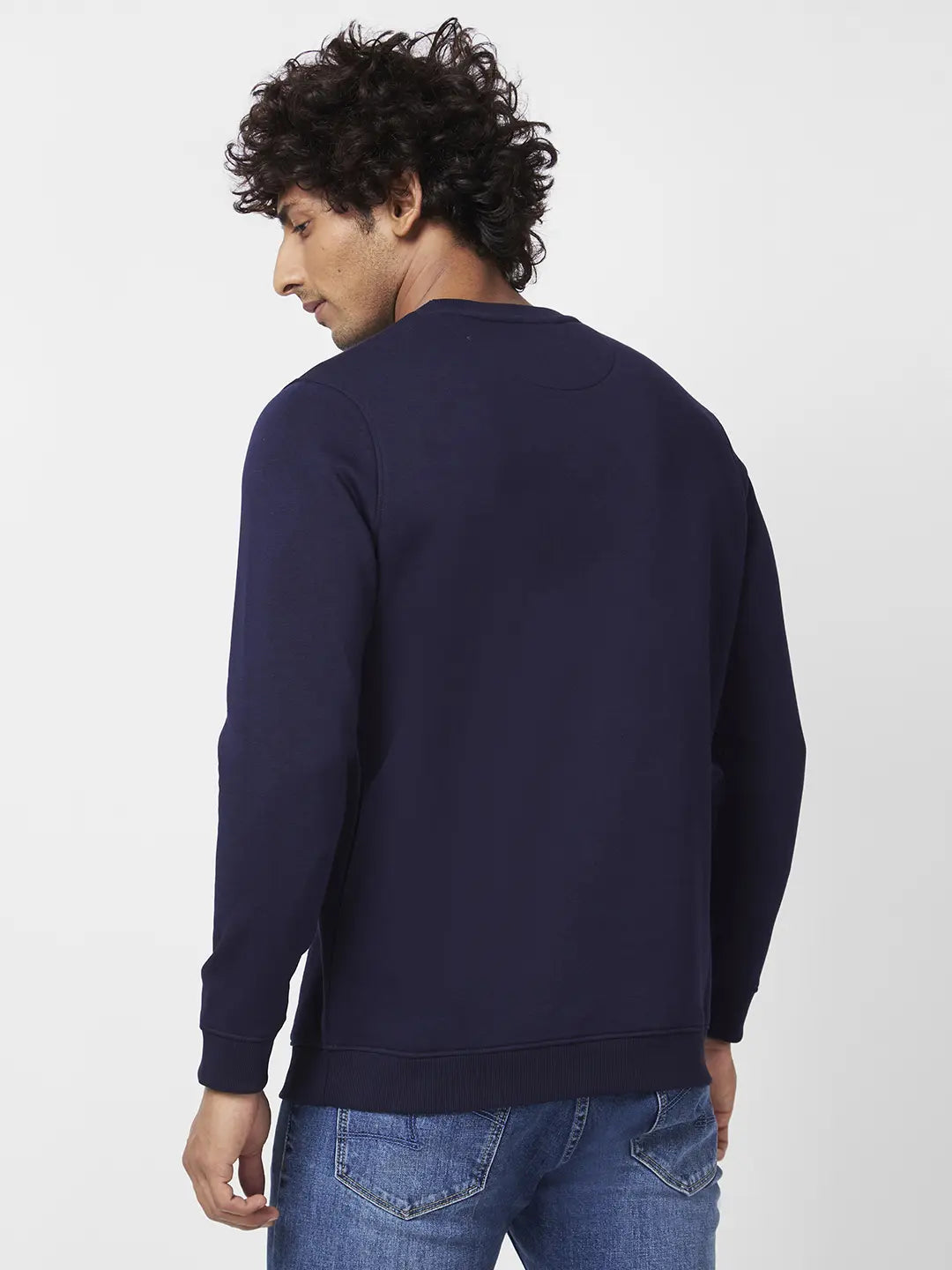 Spykar Men Navy Blue Blended Slim Fit Full Sleeve Round Neck Plain Sweatshirt