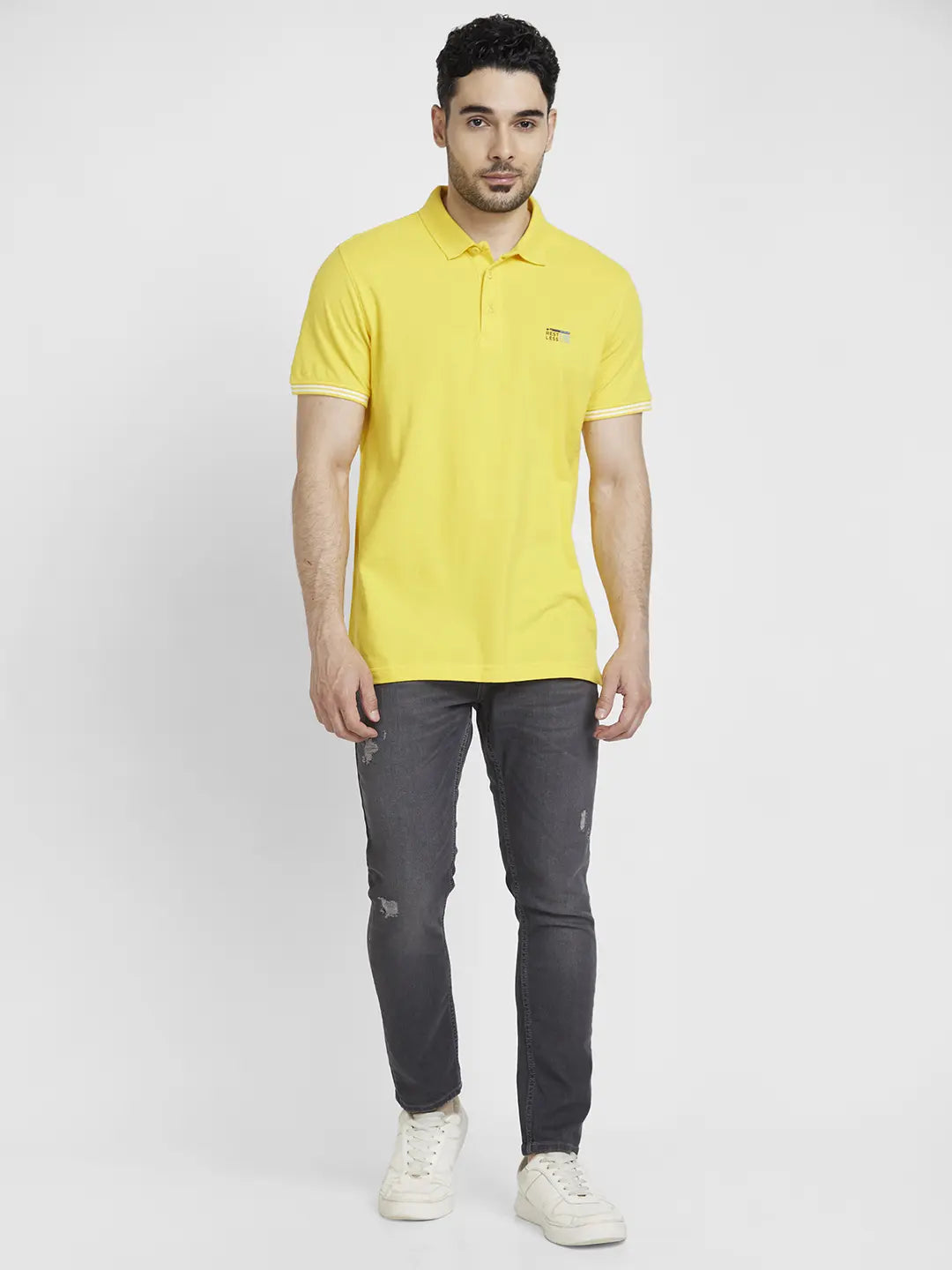 Spykar Men Yellow Cotton Slim Fit Plain Polo Tshirt