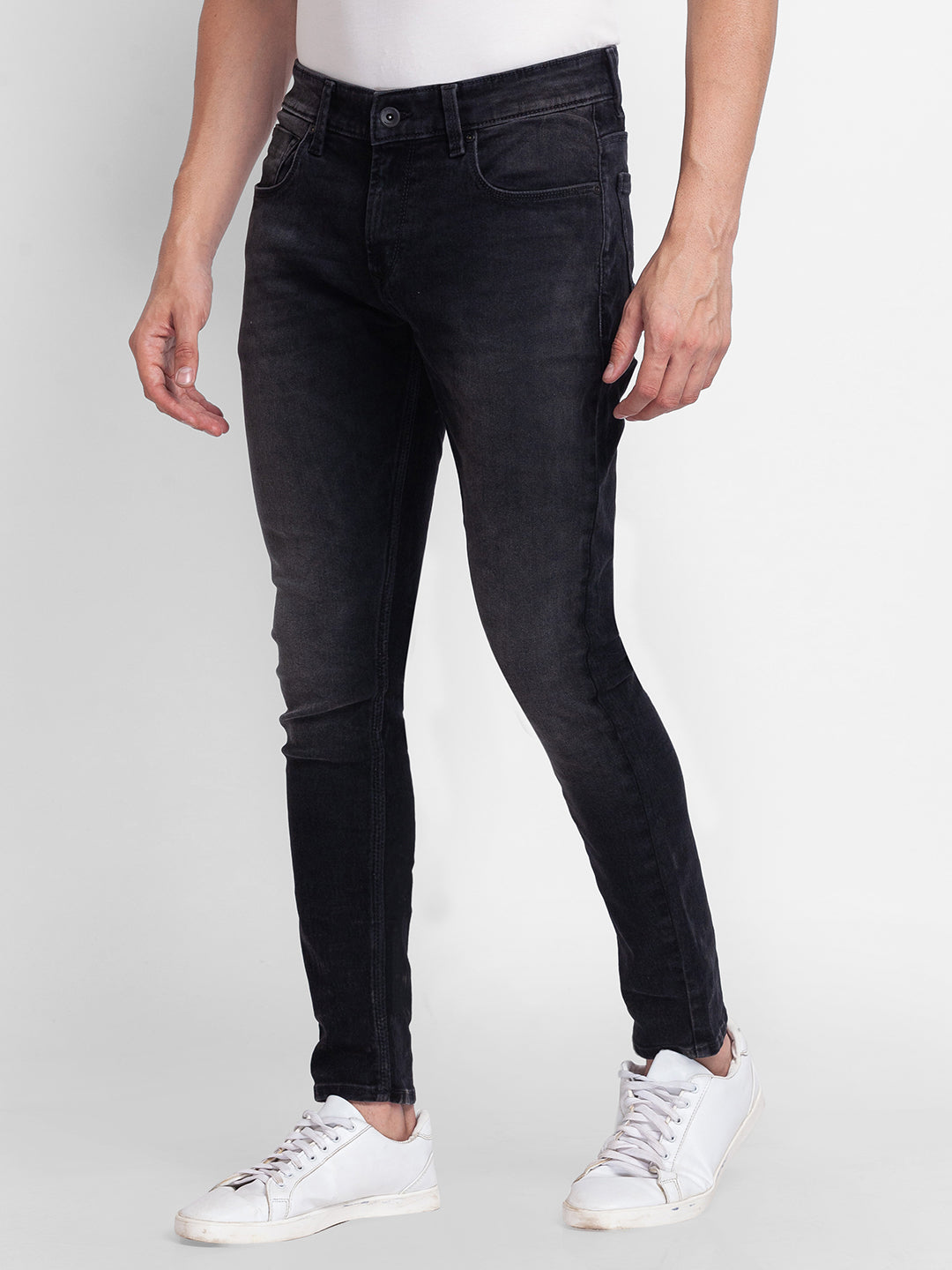 Spykar Charcoal Black Cotton Slim Fit Tapered Length Jeans For Men (Kano)