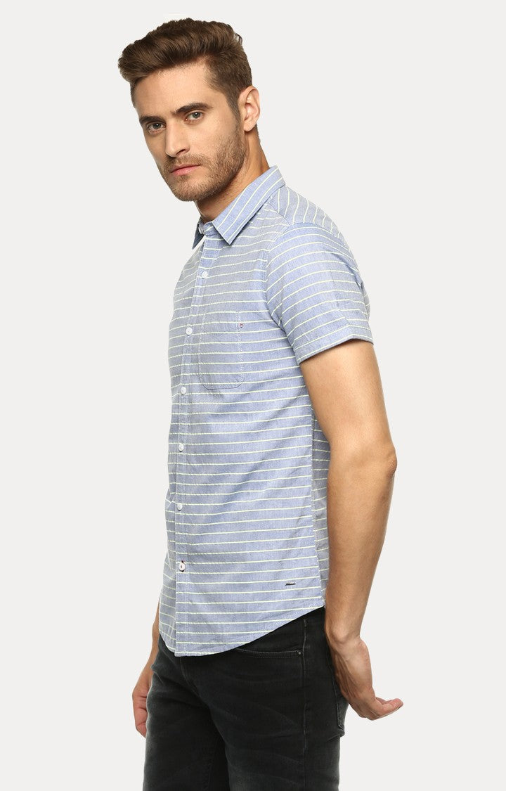 Spykar Men'S Blue Cotton Striped Casual Shirts