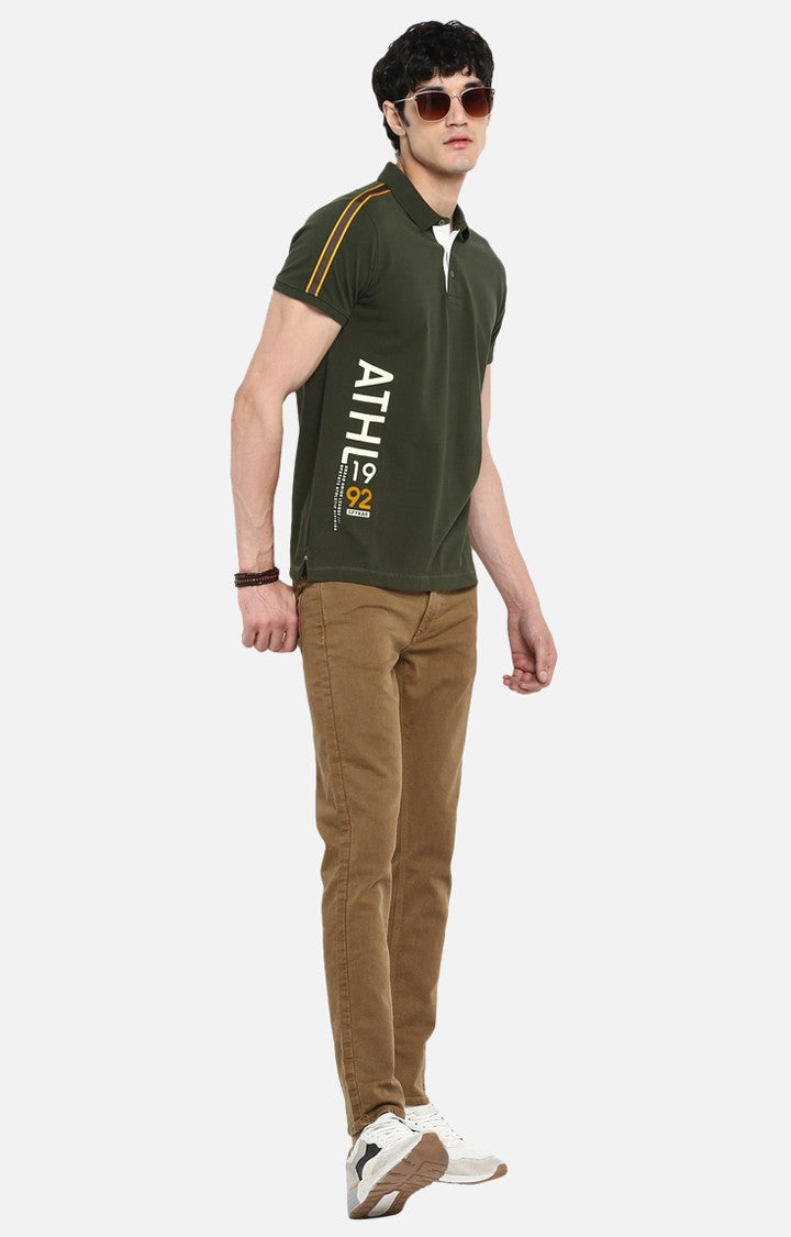 Spykar Olive Printed Slim Polo Fit T-Shirt