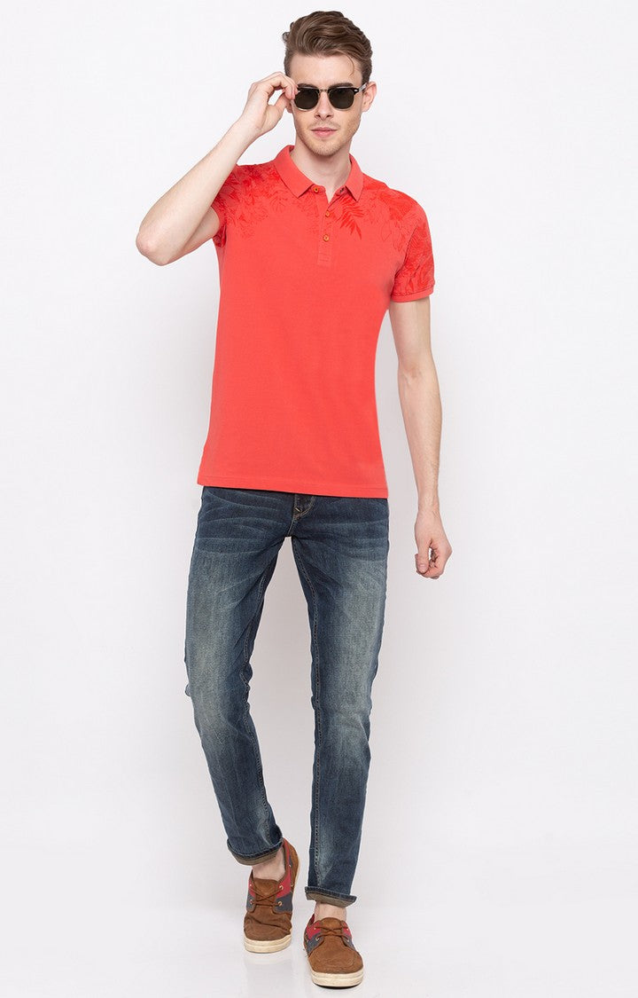 Spykar Pestle Orange Printed Slim Polo Fit T-Shirt